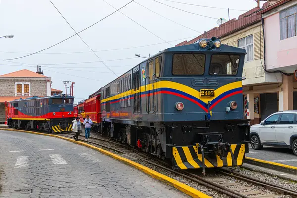 Alausi, Ekvador - 20 Nisan 2025: Eskiden Nariz del Diablo ya da Şeytan Burnu 'na giden And Dağları Turist Demiryolu. Lokomotif ve arabalar Alausi 'deki tren istasyonunda park halinde.