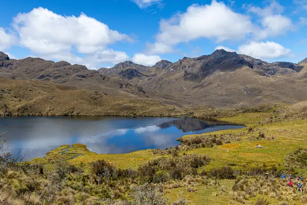 Cajas, Ekvador - 11 Ağustos 2024: El Cajas Ulusal Parkı 'ndaki Ekvador And Dağları' nda yürüyüş yapan bir grup. Togllacocha Gölü deniz seviyesinden 4000 metre yükseklikte. Paramo ekosistem. Azuay Eyaleti