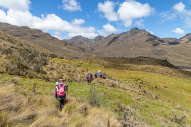 Cajas, Ekvador - 11 Ağustos 2024: Ekvador And Dağları, El Cajas Ulusal Parkı. Dağ manzarası. Yürüyüşçüler deniz seviyesinden 4000 metre yükseklikte bir patikada. Paramo ekosistem. Cuenca yakınlarındaki Azuay Eyaleti