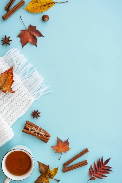 Podzimní Pozadí Modré Horký Čaj Bílá Pletená Šála Podzimní Listí — Stock fotografie