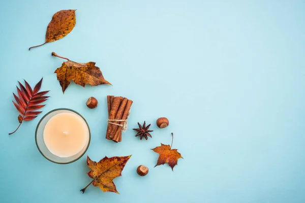 Podzimní Pozadí Modré Horký Čaj Pletená Šála Podzimní Listí Ploché — Stock fotografie