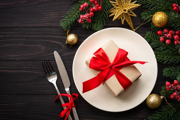 Christmas Food Christmas Table Setting Craft Plate Cutlery Gift Box — Stock Photo, Image