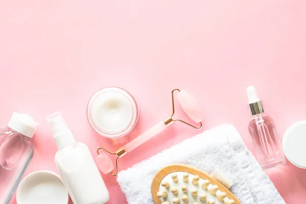 Natural Cosmetics Pink Skin Care Product Cream Soap Serum Jade — Foto de Stock