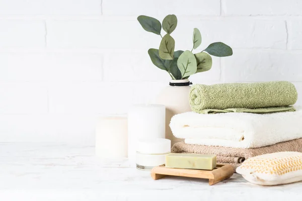Bathroom Accessories Stack Towels Candle Soap — Stock Photo, Image