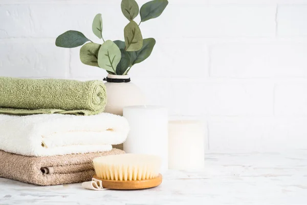 Bathroom Accessories Stack Towels Cosmetics Candle — Stock Photo, Image