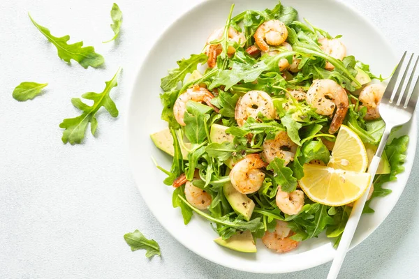 Shrimp Salad Arugula Avocado White Close — Stock Photo, Image