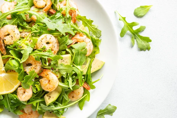 Shrimp Salad Arugula Avocado White Close — Stock Photo, Image