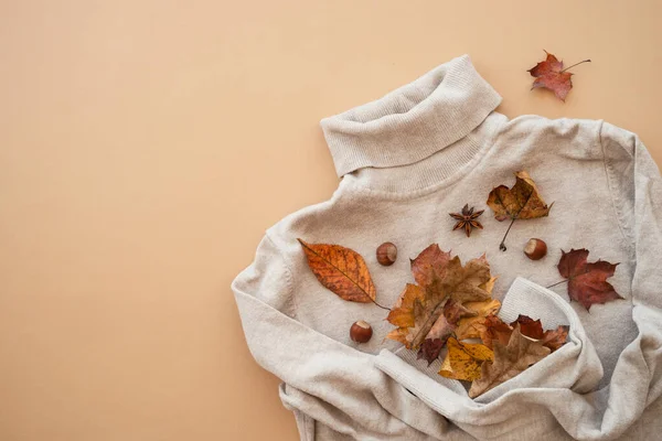 Deitado Outono Camisola Quente Com Folhas Outono Fundo Cor — Fotografia de Stock