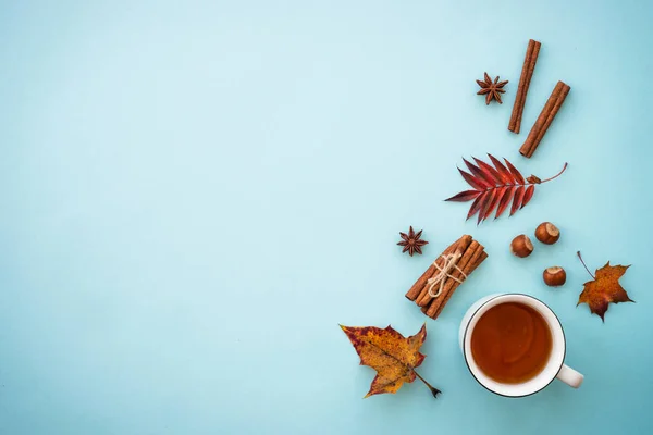 Podzimní Rovina Ležela Modrém Pozadí Horký Čaj Podzimní Listí Koření — Stock fotografie