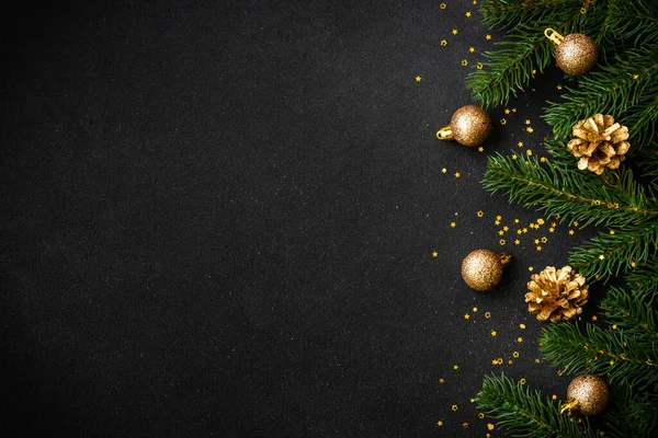 Kerst Platte Achtergrond Met Gouden Vakantie Decoraties Zwart Bovenaanzicht Met — Stockfoto