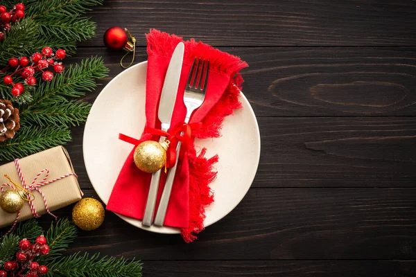 Christmas Table Setting Craft Plate Cutlery Gift Box Christmas Decorations — Stock Photo, Image