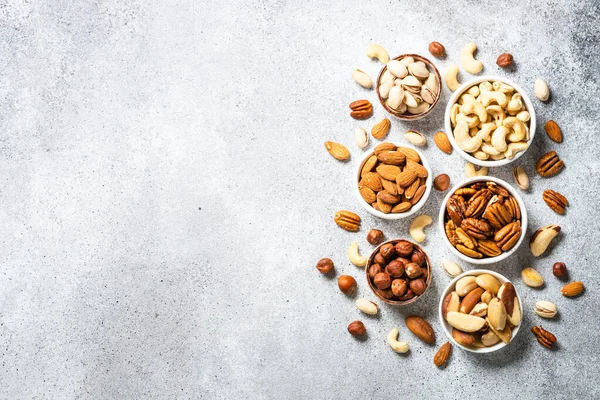 Assortment Nuts Bowls Cashew Hazelnuts Pecan Almonds Brazilian Nuts Pistachios — Stock Photo, Image