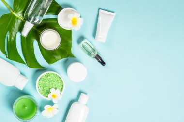 Doğal kozmetik ürünleri. Krem, maske, serum şişesi ve cilt bakımı için losyon. Kopyalama alanı olan en üst görüntü.