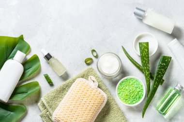 Aloe vera ile doğal kozmetik. Yüz kremi, tonik, serum, deniz tuzu ve taze aloe yaprakları. Kopyalama alanı olan üst görünüm.