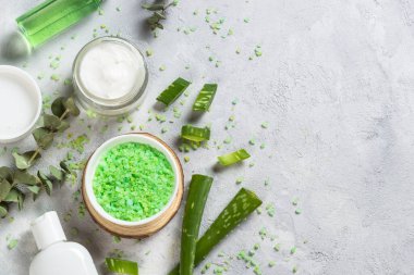 Aloe vera ve okaliptüslü doğal kozmetik. Yüz kremi, tonik, serum ve deniz tuzu. Kopyalama alanı olan üst görünüm.
