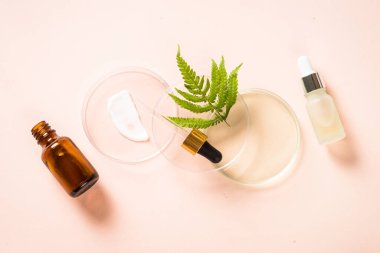 Kozmetik laboratuarı konsepti. Farklı kozmetik ürünleri ve yeşil bitkilerle dolu cam petri kabı. Pastel arkaplanda kopyalama alanı olan üst görünüm.