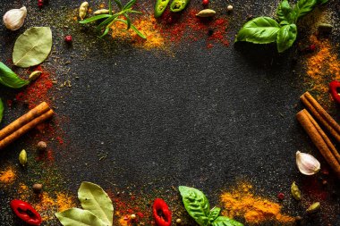 Siyah arka planda baharatlar ve bitkiler. Biber, turmelik, dereotu, tarçın, fesleğen, biberiye, soğuk kakule. Kopyalama alanı olan üst görünüm.