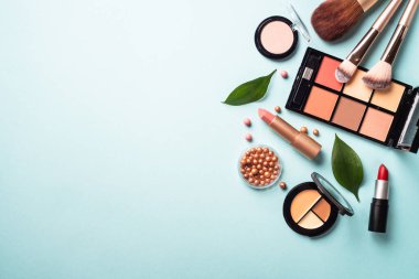 Make up professional cosmetics on blue background. Powder, lipstick, shadow, brushes with green leaves. Flat lay with copy space.