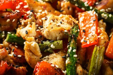 Chicken stir fry with vegetables. Close up macro.
