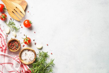 Ingredients for cooking. Food background with herbs and vegetables. Top view on white background.