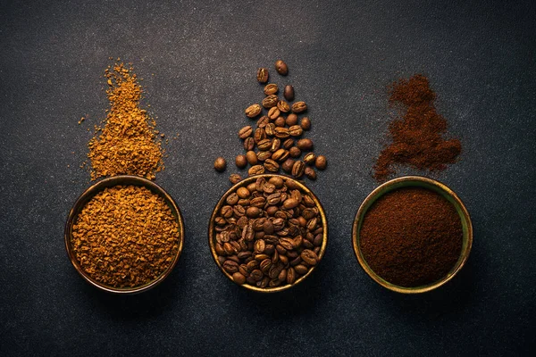 Roasted Coffee Beans Ground Coffee Instant Coffee Bowls Dark Background — Fotografia de Stock