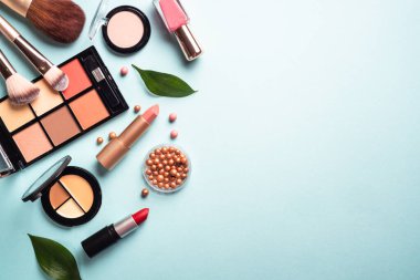 Make up professional cosmetics on blue background. Powder, lipstick, shadow, brushes with green leaves. Flat lay with copy space.