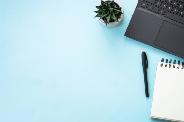 Office desk with laptop, notepad, green plant and pen. Flat lay image on blue with copy space.