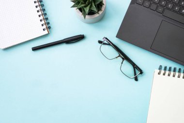 Office desk flat lay background with laptop, notepad, green plant and pen.