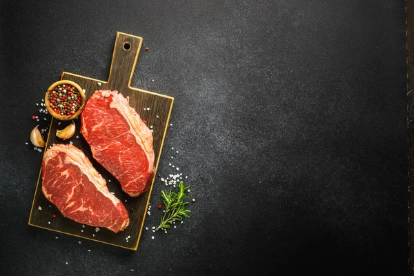 Beef Steak Spices Raw Beef Meat Black Top View Copy — Stock Photo, Image