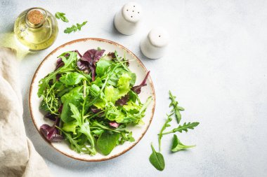 Green salad, fresh leaves in white plate. Top view.