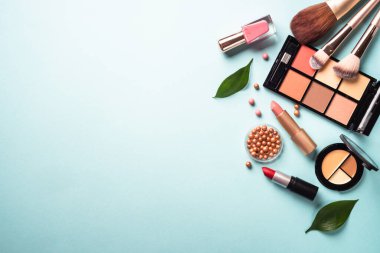 Make up professional cosmetics on blue background. Powder, lipstick, shadow, brushes with green leaves. Flat lay with copy space.