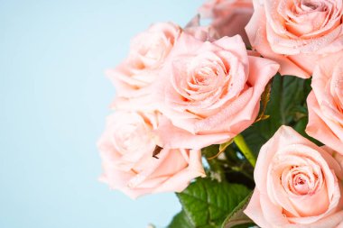 Mavi arka planda pembe gül buketi. Metin için boşluk içeren tebrik kartı.