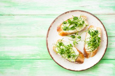 Krem peynirli sandviç ve yeşil arka planda mikro yeşillikler. Doğal sağlıklı yiyecekler, doğal vitaminler. Üst görünüm.