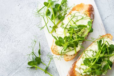 Toast with cream cheese and micro greens. Healthy food, vegetarian. Macro. clipart