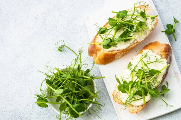 クリームチーズとマイクログリーンのトースト 健康食品 ベジタリアン料理 白地に平ら — ストック写真