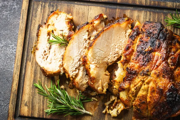 Roasted Pork Baked Ham Wooden Cutting Board Close Image — Stock Photo, Image