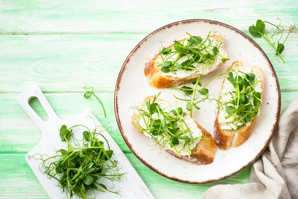 Krem Peynirli Sandviç Yeşil Arka Planda Mikro Yeşillikler Doğal Sağlıklı — Stok fotoğraf