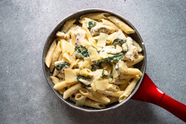Pasta penne with chicken and spinach in creamy sauce, top view.