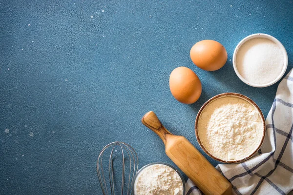 Baking Background Blue Stone Table Flour Sugar Eggs Utensil Top — Stock Photo, Image