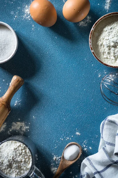 Baking Background Ingredients Food Frame Flour Sugar Eggs Rolling Pin — Stock Photo, Image