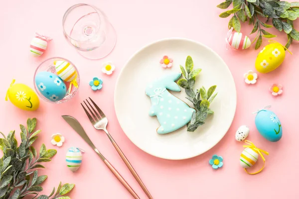 Ostern Essen Hintergrund Mit Feiertagsdekoration Ostertafel Gedeckt Flach Lag Auf — Stockfoto