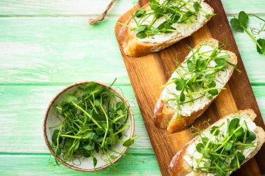 Krem peynirli tost ve mikro yeşillik. Sağlıklı yiyecekler, vejetaryenler, doğal vitaminler. Üst görünüm.