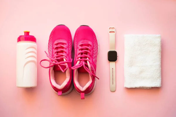 Workout Healthy Lifestyle Concept Sneakers Towel Fitness Bbracelet Bottle Water — Stock Photo, Image