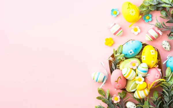 Easter Eggs Nest Pink Background Easter Decor Flat Lay Image — Stock Photo, Image