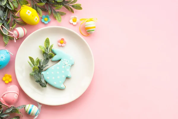 Easter Food Background Easter Table Setting Flat Lay Blue — Stock Photo, Image