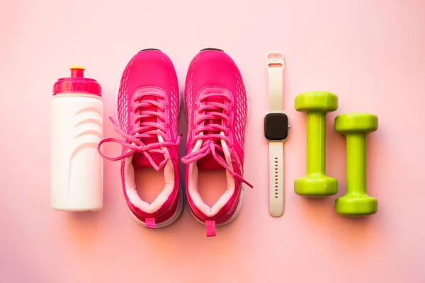 Workout Healthy Lifestyle Concept Sneakers Dumbbells Fitness Bbracelet Bottle Water — Stock Photo, Image