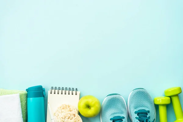 Fitness Workout Healthy Lifestyle Clean Eating Concept Top View Blue — Stock Photo, Image
