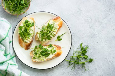 Krem peynirli tost ve mikro yeşillik. Sağlıklı yiyecekler, doğal vitaminler. Üst görünüm.