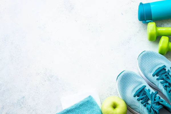 Fitness Equipment Flat Lay Image Sneakers Dumbbells Towel Green Apple — Stock Photo, Image