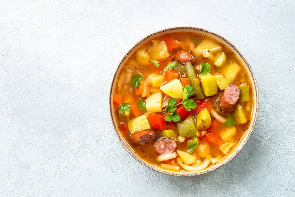 Minestrone Soup Italian Vegetable Soup Smoked Sausages Top View — Stock Photo, Image